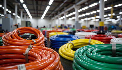 Colorful plastic tubing coiled in manufacturing plant at night, efficient organization