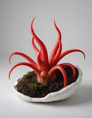 An isolated, white ceramic planter featuring a red, succulent-like plant with vibrant red tentacles and roots.