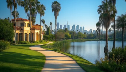 Fototapeta premium Villa path Lake Los Angeles skyline palm trees
