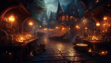 Stalls brim with glowing potions and artifacts, alive with fantastical creatures at dusk.
