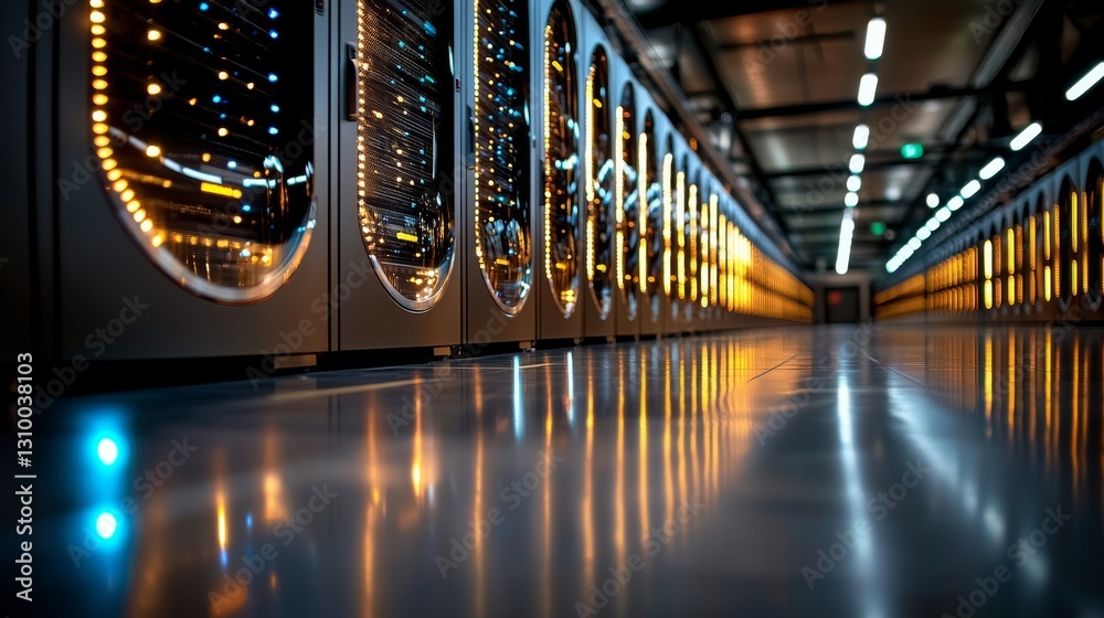 Poster a large working data center is shown with a corridor full of rack servers and supercomputers