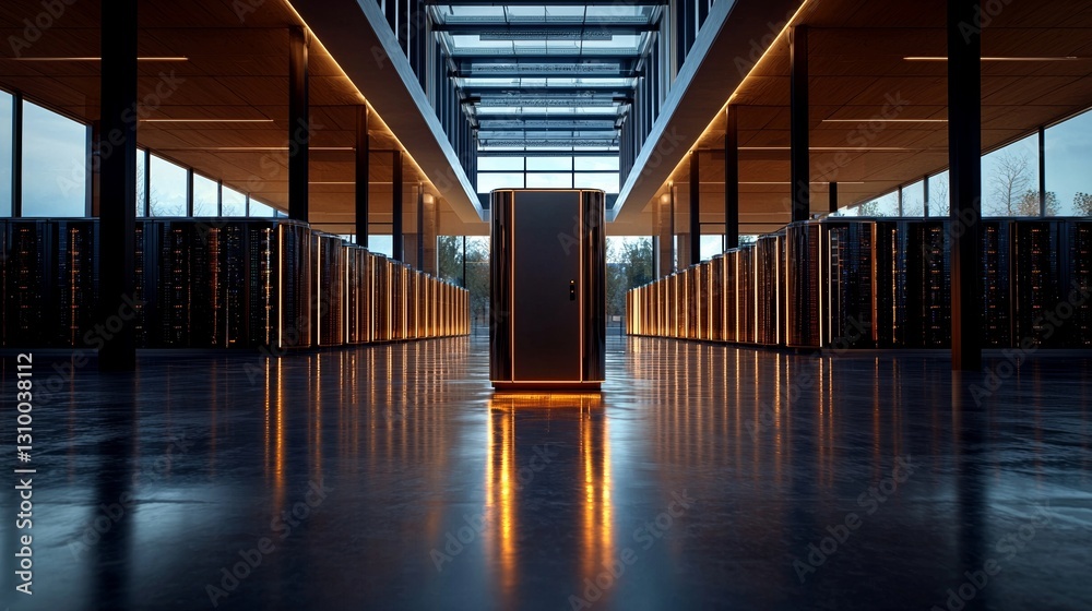 Poster image of a long corridor in a big data center filled with rows of rack servers and supercomputers