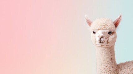 Obraz premium White Alpaca Portrait Against Pastel Pink and Blue Gradient