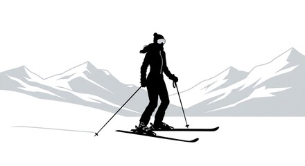 Fototapeta premium Alpine Skiing Woman Silhouette - Winter Sport Graphic with Mountain Background in Black and White.