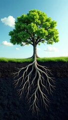 A solitary tree's roots digging deep into the earth, natural, roots
