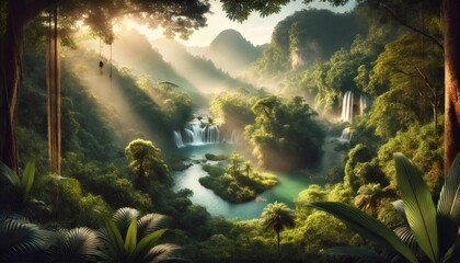 Breathtaking tropical rainforest landscape with cascading waterfalls and lush greenery at sunrise