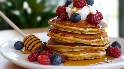 A stack of pancakes with blueberries and whipped cream on top. generated using AI