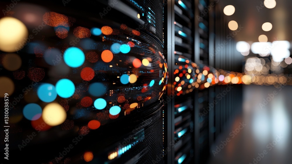 Poster visualization of a working data center corridor filled with rack servers and supercomputers, marked 