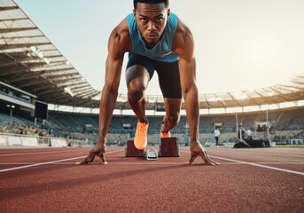 Male athlete preparing to sprint from the starting blocks on a track