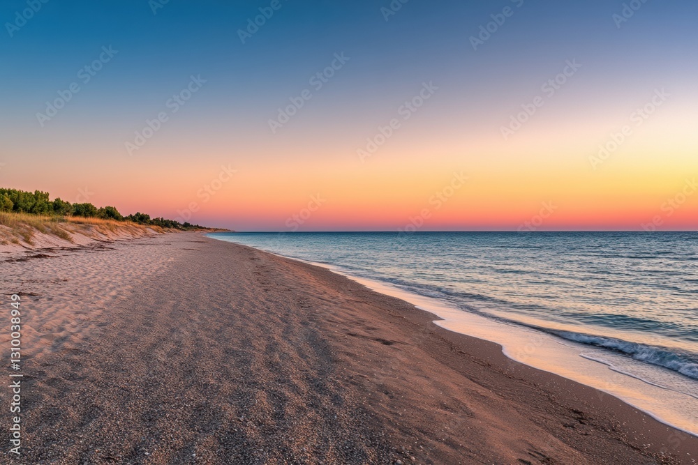 Poster calm sunset over empty beach with soft sand and serene horizon for peaceful contemplation generative