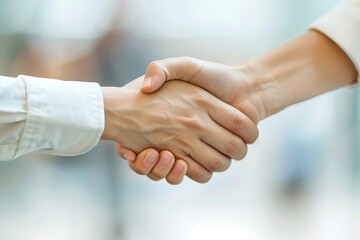 Positive workplace interaction as happy woman greets business partner with handshake