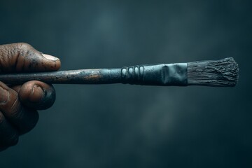 A weathered hand grips a paintbrush, stained with dark pigment