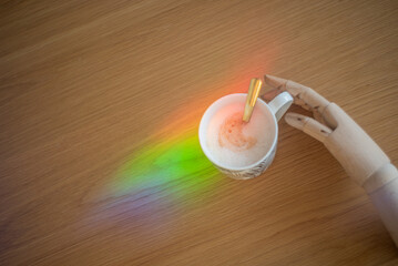 Wooden mannequin's hand touching cup of cappuccino in the magic light.	