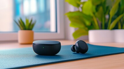 Modern wireless earbuds on a desk with a plant in a bright room, showcasing technology and lifestyle