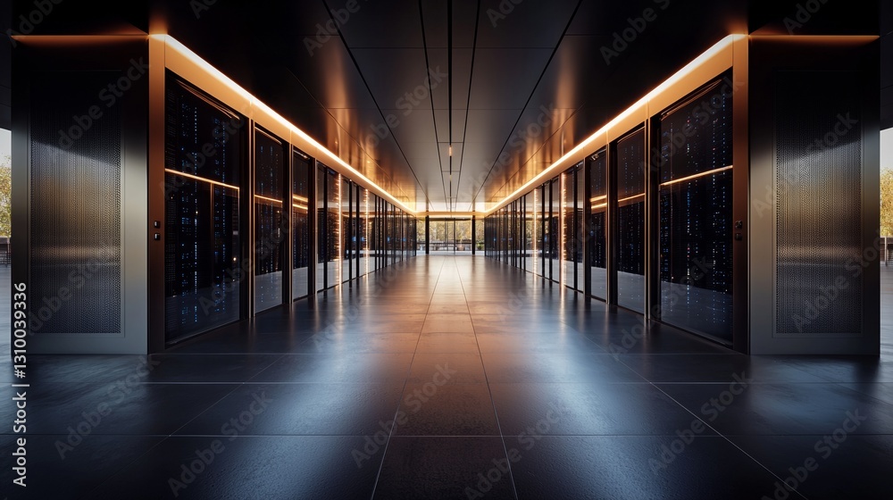 Poster a working data center is shown with rows of rack servers connected by lan connection visualization l
