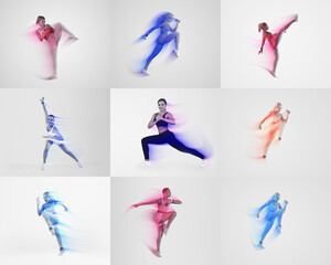 This collage features various individuals engaged in athletic activities, showcasing dynamic...