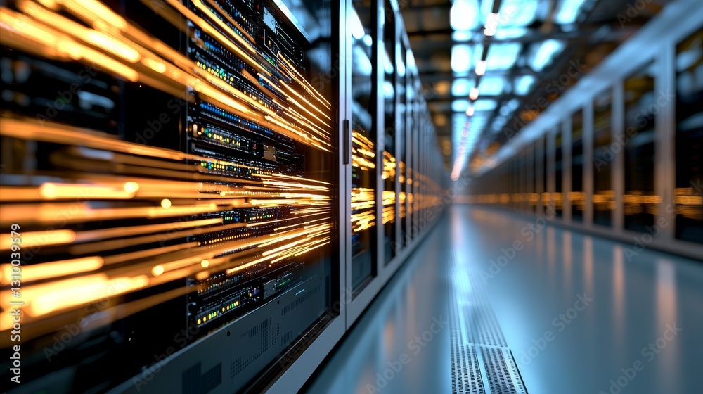 Poster rows of rack servers in a working data center are connected with lines visualizing their ethernet co