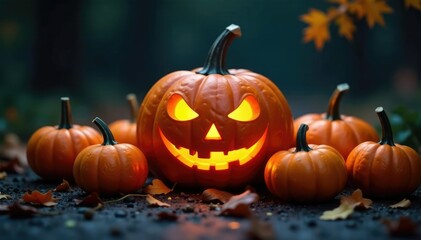 Dark orange pumpkins grouped around a dimly lit jack-o-lantern, fall foliage, Halloween decorations