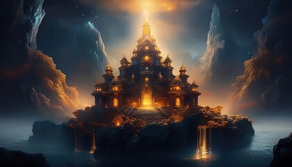 A stunning palace rises from calm waters, glowing in dusk light and inspiring wonder.