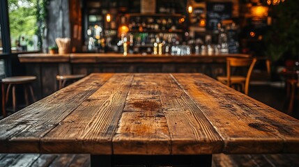 Empty wooden table in a bar, bottles on shelves blurred in background