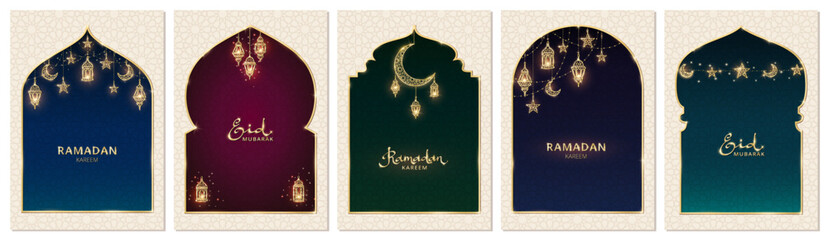 Ramadan or Al-Adha cards. Islamic windows, mosque doors, holiday frames. Golden decoration. Lanterns, crescent, stars. Traditional muslim pattern. Ramadan calligraphy in arabic style. Vertical format.