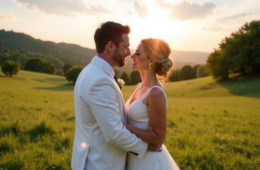 Romantic outdoor wedding at sunset in scenic countryside setting