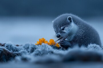 Obraz premium Adorable otter pup delicately interacts with yellow flowers