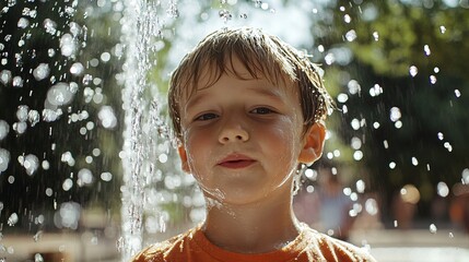 Young boy in summer park drinking water