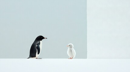 Fototapeta premium A pair of penguins perched atop a snowy terrain beside a white wall