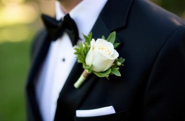 Elegant wedding attire with black suit and white rose boutonniere for formal occasions