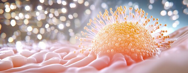 A close-up view of a virus particle on a cellular surface, showcasing intricate details and vibrant colors.