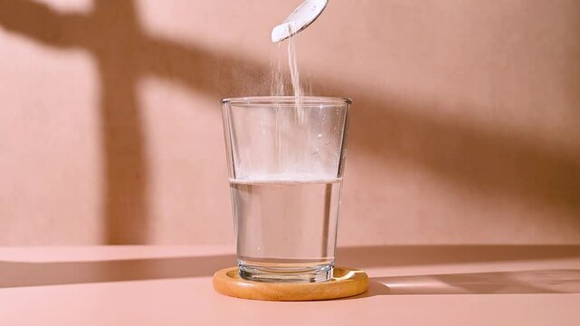 Protein powder, collagen powder pouring in a glass. Food supplement, fitness sport, health and nutrition.