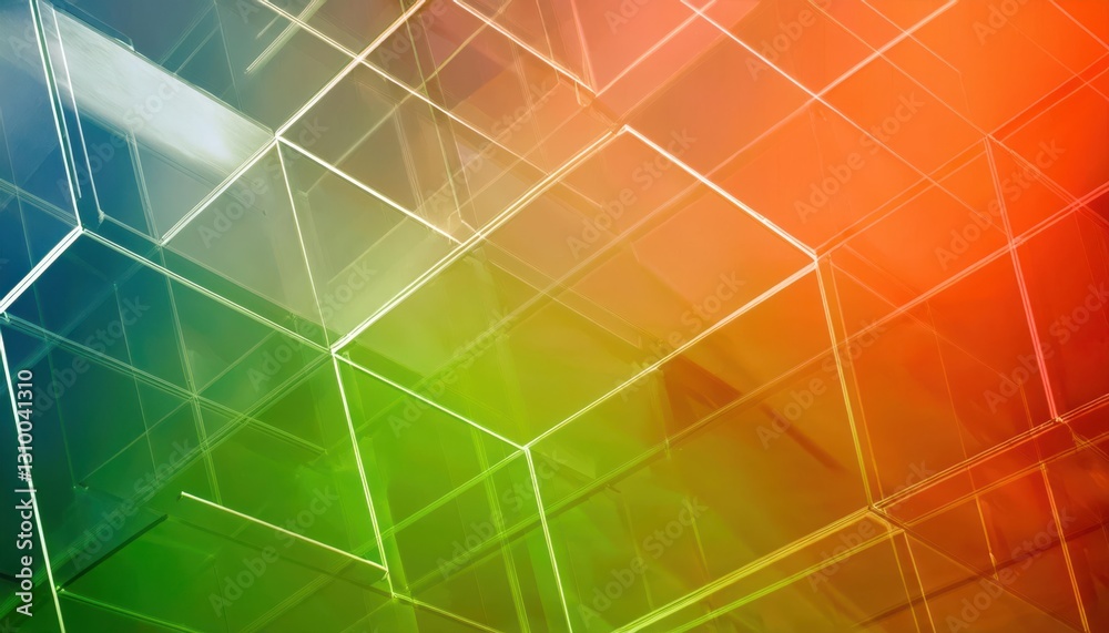 Poster transparent geometric cube grid with vibrant gradient hues of orange, green, and blue, creating a futuristic abstract design

