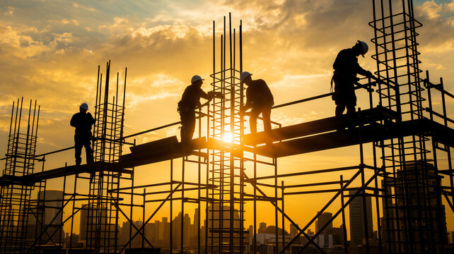 Silhouettes of construction workers balancing on scaffolding against a dramatic sunset ai generated