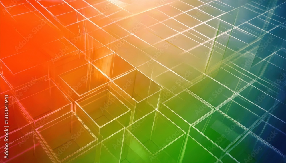 Poster transparent geometric cube grid with vibrant gradient hues of orange, green, and blue, creating a fu