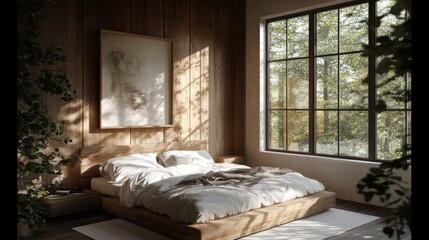 Serene Bedroom Retreat: Natural Light & Woodsy Comfort