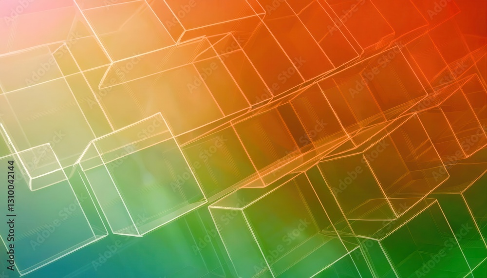 Poster transparent geometric cube grid with vibrant gradient hues of orange, green, and blue, creating a futuristic abstract design

