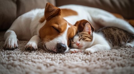 Obraz premium A heartwarming scene of a Jack Russell Terrier and a tabby kitten peacefully sleeping together, cuddling on a soft, fluffy rug