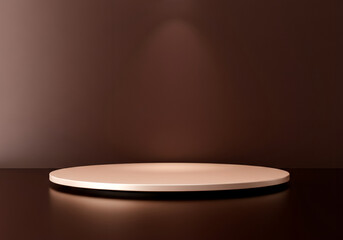 Minimalist round podium with soft spotlight on brown background