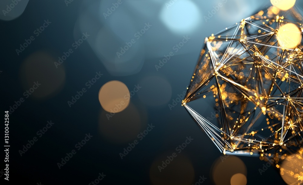 Poster a futuristic technology concept featuring a 3d polygonal mesh with bright flashes and a bokeh effect