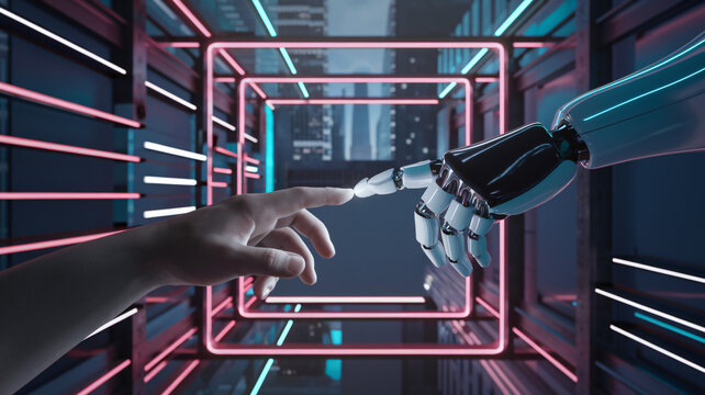 A futuristic neon-lit tunnel with a robotic hand reaching out to a human hand ai generated