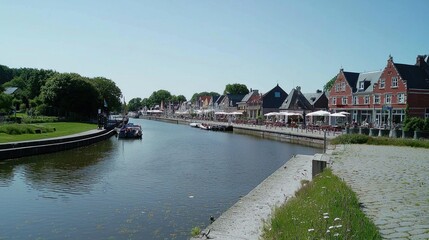 Dutch Canal Town Scene, Sunny Day, People Relaxing