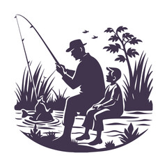 Father and Kids Fishing Silhouette Clipart Illustration isolated on a White Background