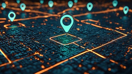 Glowing Cityscape Map with Location Pins: Digital Navigation and Urban Technology
