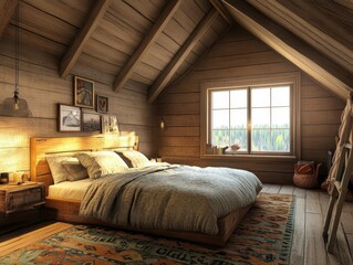 A cozy wooden bedroom interior features a bed near a window