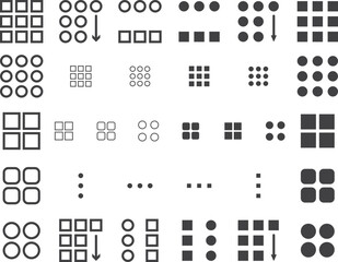 Collection of diverse grid and layout icons.  Perfect for UI design, website development, or presentations needing visual representations of organization and structure.