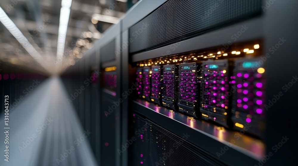 Poster the interior of a cutting-edge data center with rows of operational server racks, symbolizing cloud 