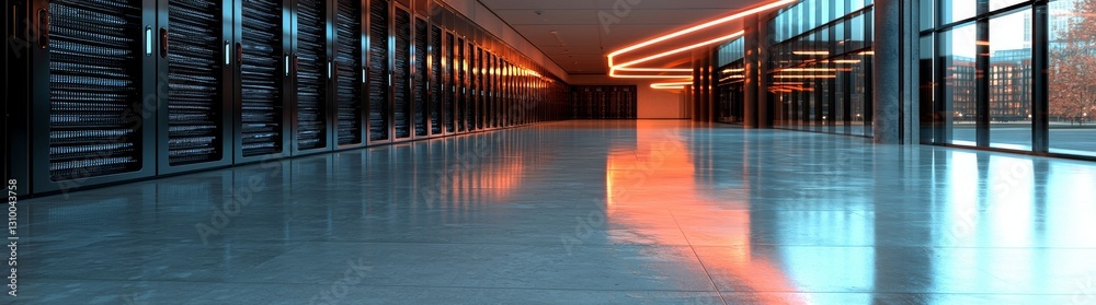 Poster the scene depicts a functioning data center with rack servers lined up in rows, illuminated by the s
