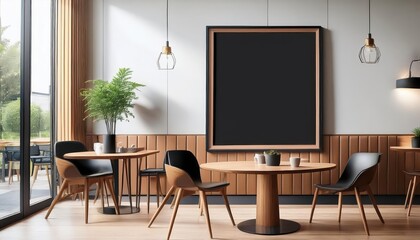 Stylish Black Frame Mockup Showcasing a Cozy Coffeehouse Ambiance, Bathed in Subtle Warmth of Dusk and Textured Wood Grain Accents.