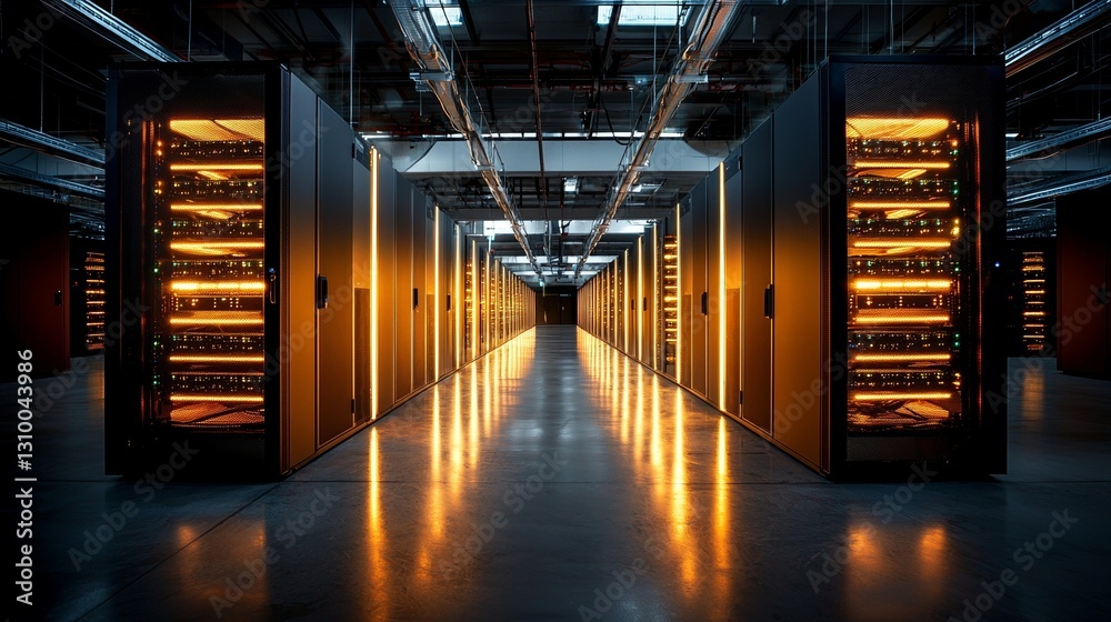 Poster the dark data center is filled with multiple rows of server racks, all fully operational and illumin